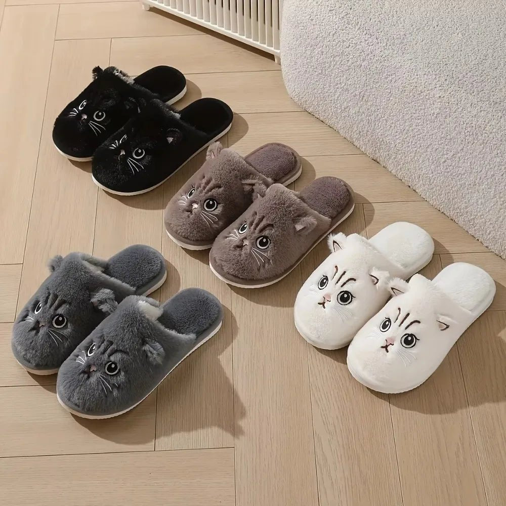 Womens Plush Cat Slippers Winter Warm Cozy Indoor House Shoes Soft EVA Sole Non-Slip Design - PrimeNest