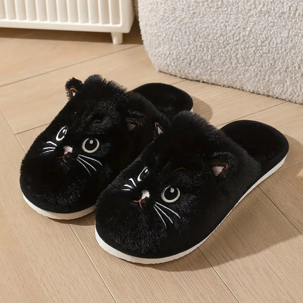 Womens Plush Cat Slippers Winter Warm Cozy Indoor House Shoes Soft EVA Sole Non-Slip Design - PrimeNest