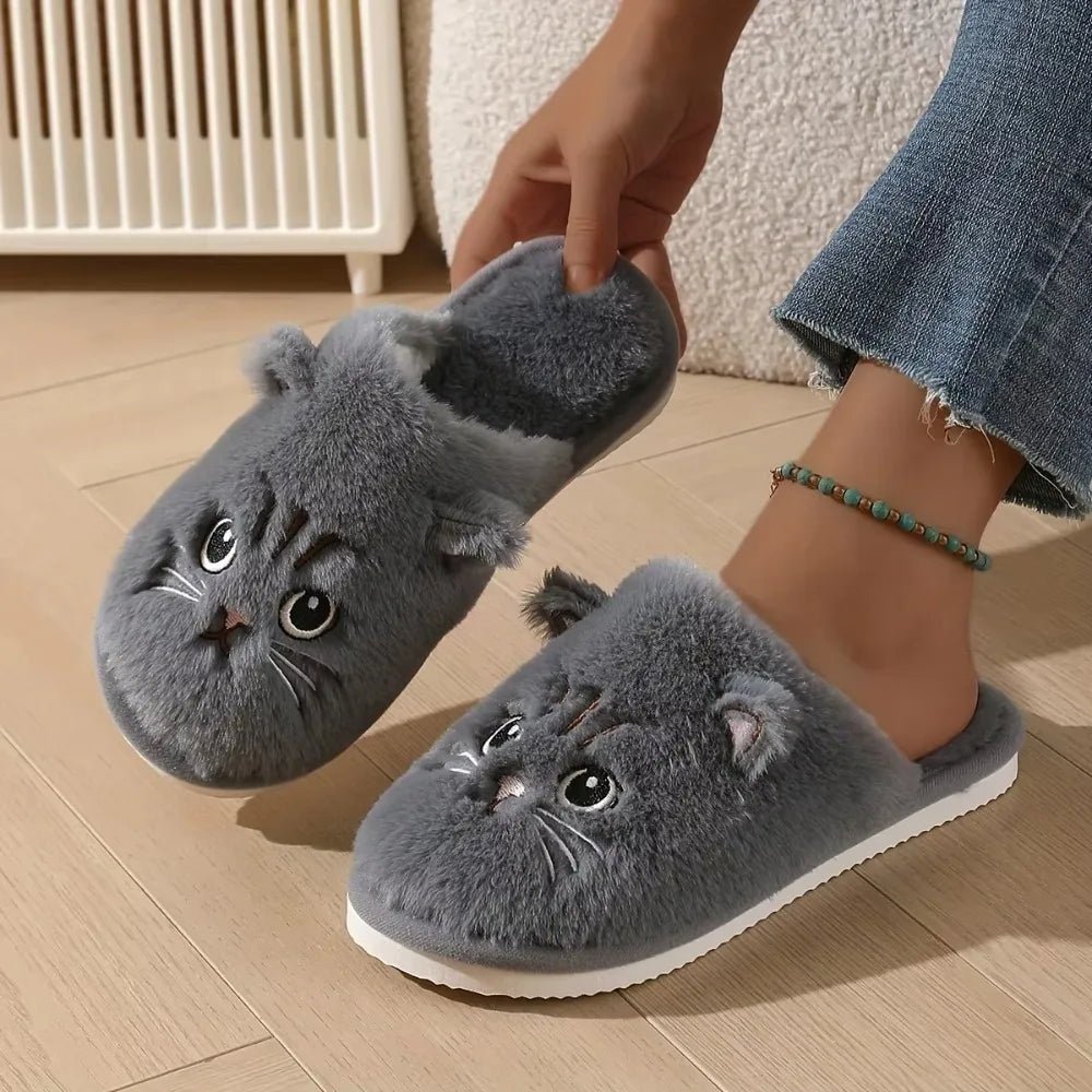 Womens Plush Cat Slippers Winter Warm Cozy Indoor House Shoes Soft EVA Sole Non-Slip Design - PrimeNest