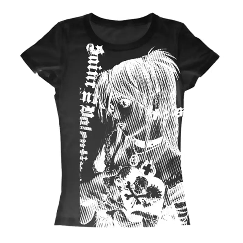 Y2k anime Streetwear O-neck 90s Text Printing Tops Women Harajuku Clothes Simple Vintage Crop Tee Aesthetic emo Casual T-shirt - PrimeNest
