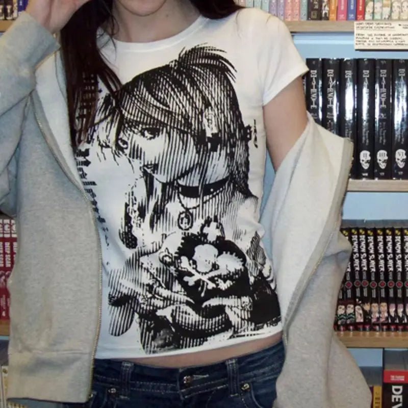 Y2k anime Streetwear O-neck 90s Text Printing Tops Women Harajuku Clothes Simple Vintage Crop Tee Aesthetic emo Casual T-shirt - PrimeNest