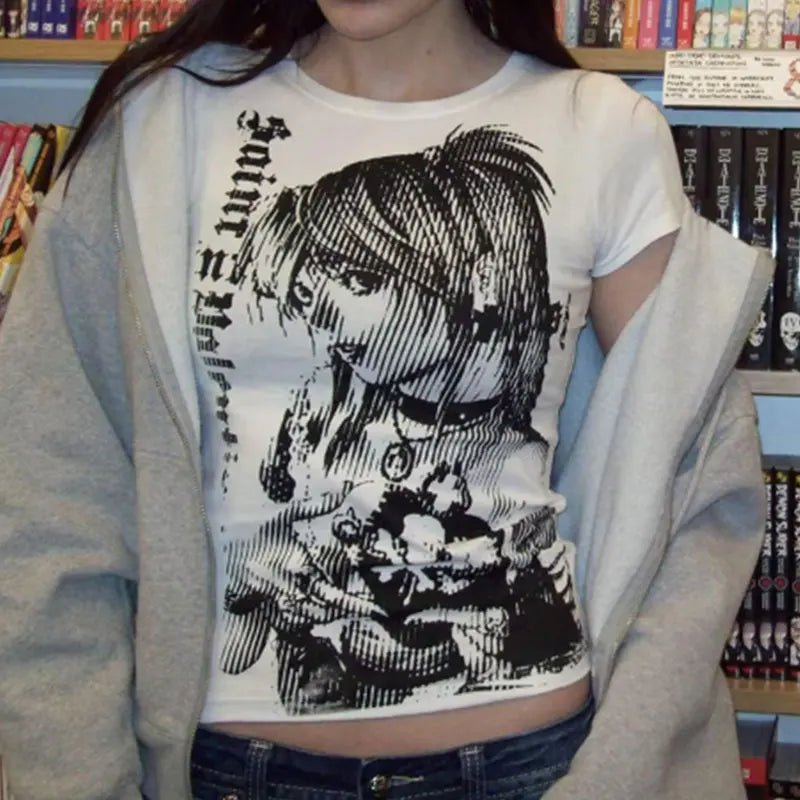 Y2k anime Streetwear O-neck 90s Text Printing Tops Women Harajuku Clothes Simple Vintage Crop Tee Aesthetic emo Casual T-shirt - PrimeNest