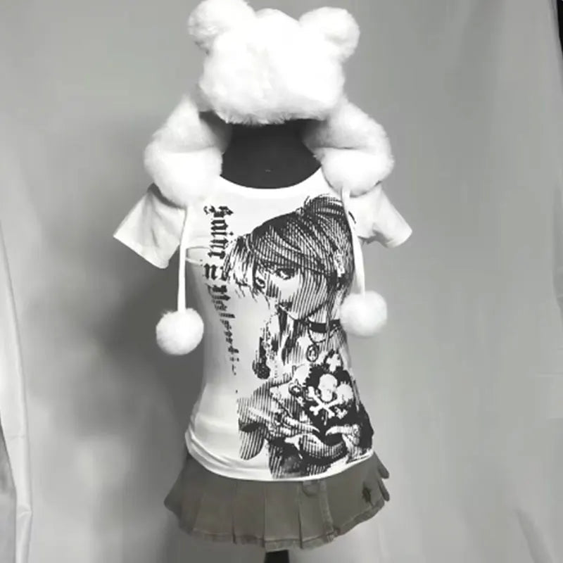 Y2k anime Streetwear O-neck 90s Text Printing Tops Women Harajuku Clothes Simple Vintage Crop Tee Aesthetic emo Casual T-shirt - PrimeNest