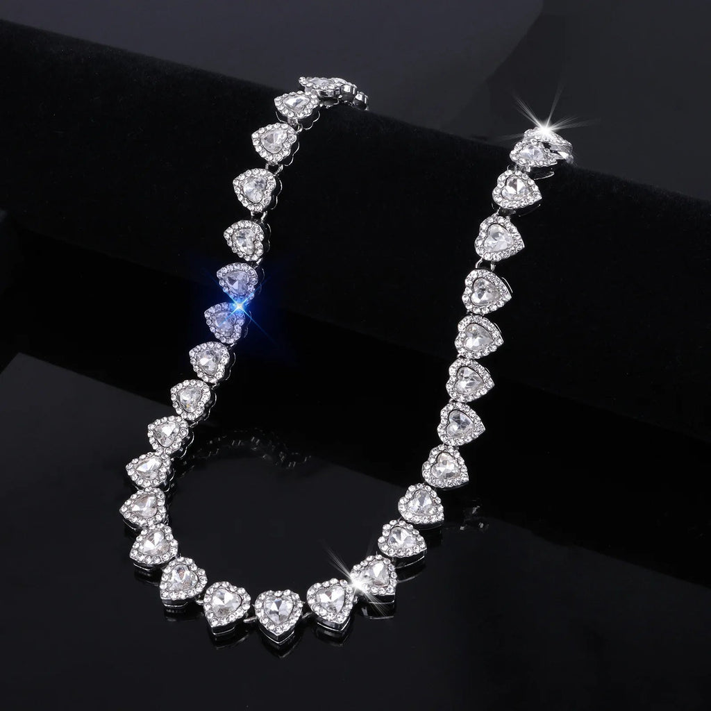 Yupsk 45CM/20CM Shiny Heart Rhinestone Hip Hop Rock Tennis Chain Bracelet Necklace for Women Men Trendy Jewelry Set Gift - PrimeNest