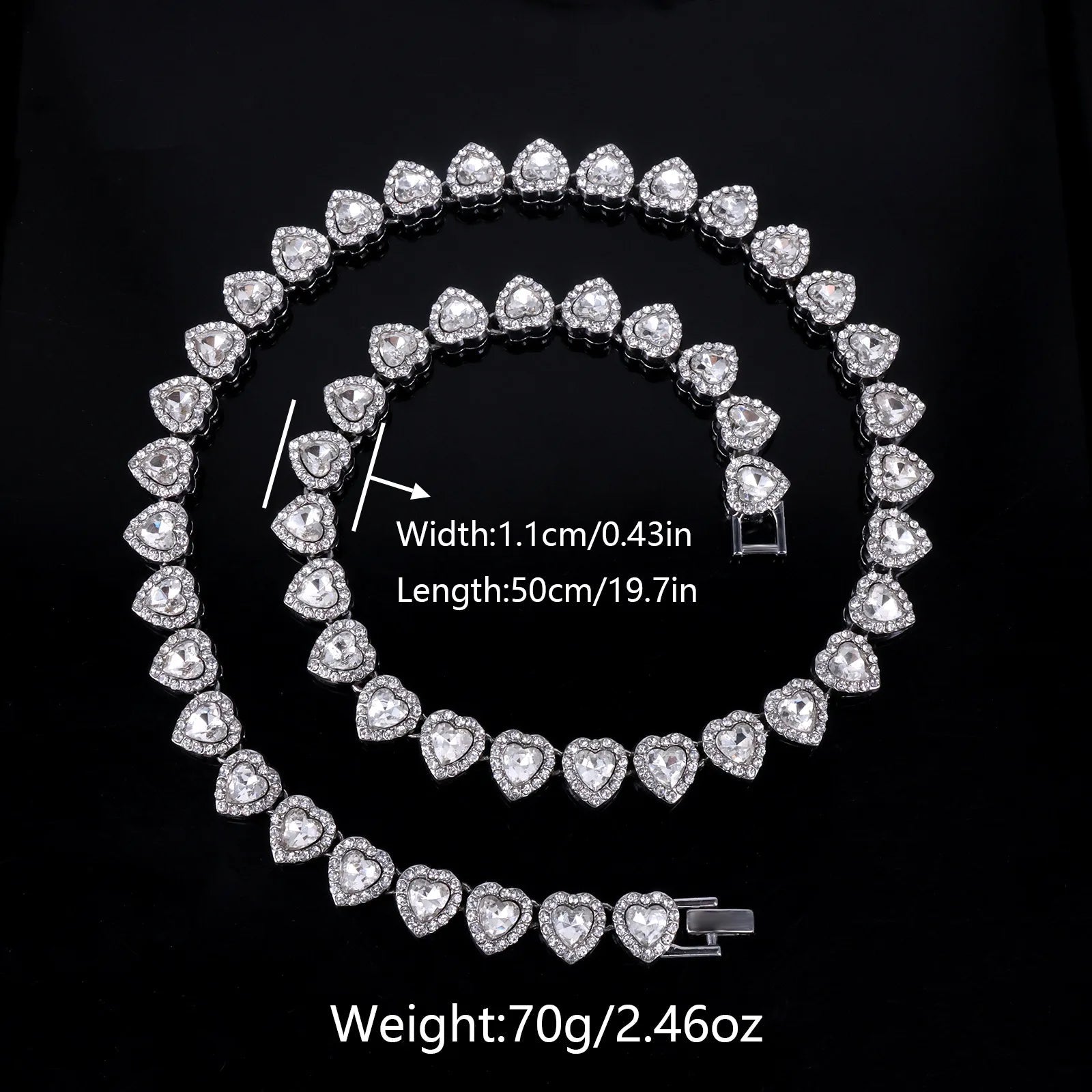Yupsk 45CM/20CM Shiny Heart Rhinestone Hip Hop Rock Tennis Chain Bracelet Necklace for Women Men Trendy Jewelry Set Gift - PrimeNest