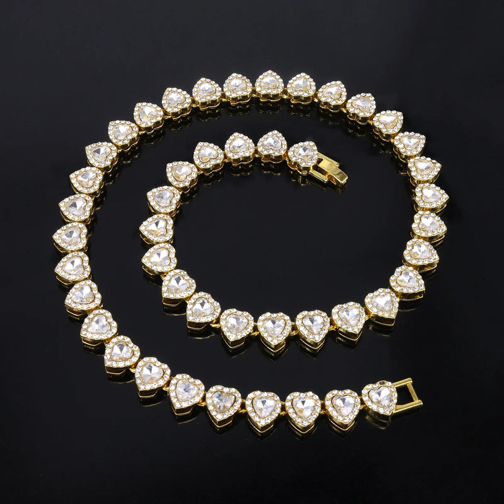 Yupsk 45CM/20CM Shiny Heart Rhinestone Hip Hop Rock Tennis Chain Bracelet Necklace for Women Men Trendy Jewelry Set Gift - PrimeNest