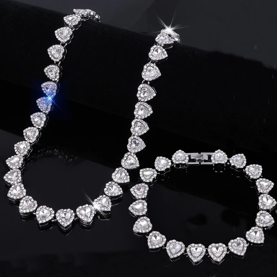 Yupsk 45CM/20CM Shiny Heart Rhinestone Hip Hop Rock Tennis Chain Bracelet Necklace for Women Men Trendy Jewelry Set Gift - PrimeNest