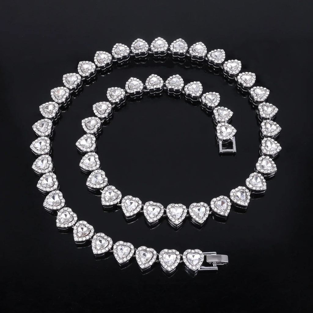 Yupsk 45CM/20CM Shiny Heart Rhinestone Hip Hop Rock Tennis Chain Bracelet Necklace for Women Men Trendy Jewelry Set Gift - PrimeNest