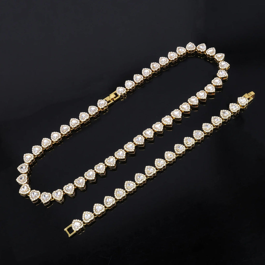 Yupsk 45CM/20CM Shiny Heart Rhinestone Hip Hop Rock Tennis Chain Bracelet Necklace for Women Men Trendy Jewelry Set Gift - PrimeNest