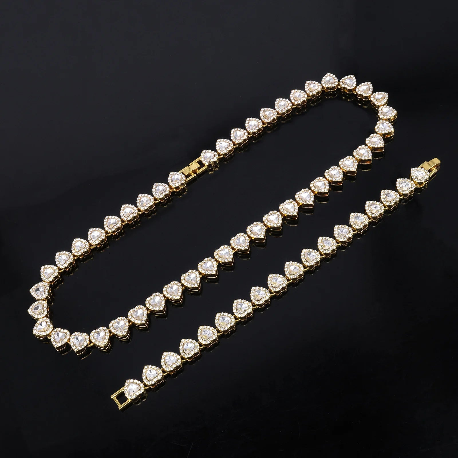 Yupsk 45CM/20CM Shiny Heart Rhinestone Hip Hop Rock Tennis Chain Bracelet Necklace for Women Men Trendy Jewelry Set Gift - PrimeNest