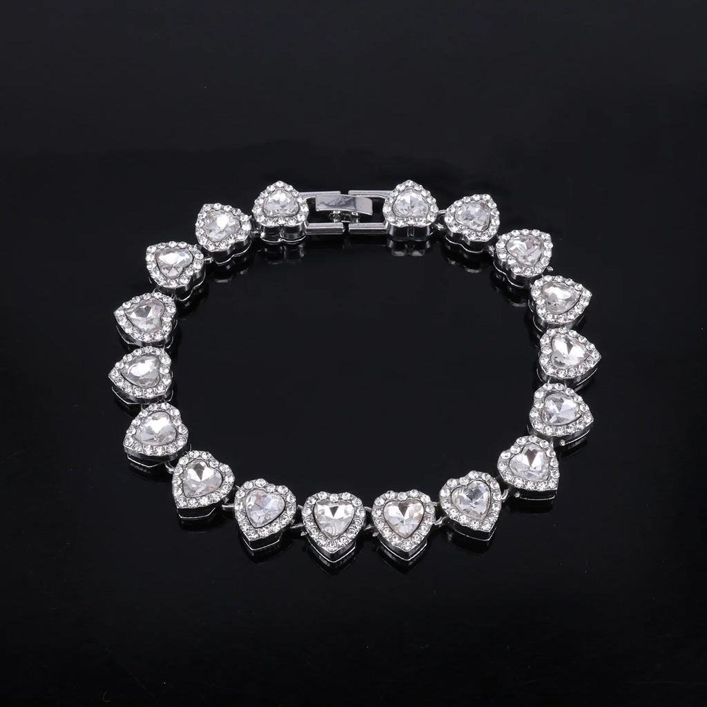 Yupsk 45CM/20CM Shiny Heart Rhinestone Hip Hop Rock Tennis Chain Bracelet Necklace for Women Men Trendy Jewelry Set Gift - PrimeNest
