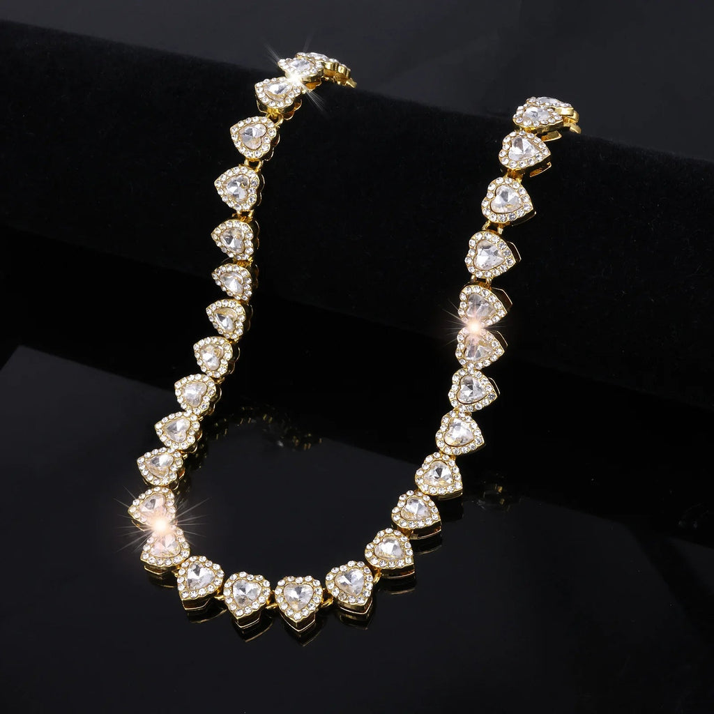 Yupsk 45CM/20CM Shiny Heart Rhinestone Hip Hop Rock Tennis Chain Bracelet Necklace for Women Men Trendy Jewelry Set Gift - PrimeNest