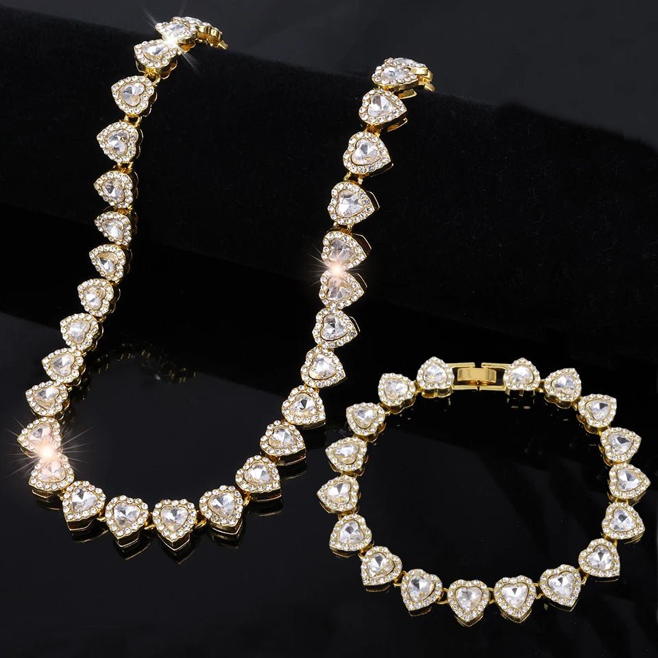 Yupsk 45CM/20CM Shiny Heart Rhinestone Hip Hop Rock Tennis Chain Bracelet Necklace for Women Men Trendy Jewelry Set Gift - PrimeNest